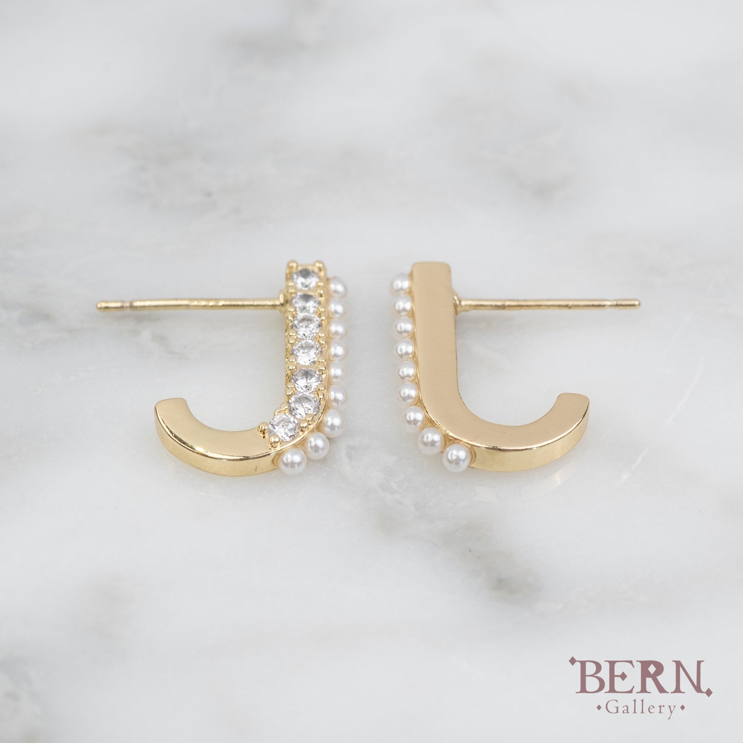 J Shape Shell Pearl Earrings with Cz