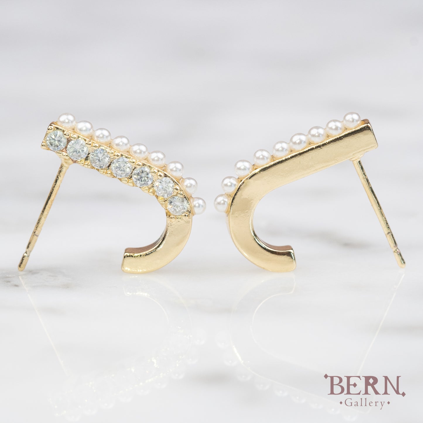 J Shape Shell Pearl Earrings with Cz