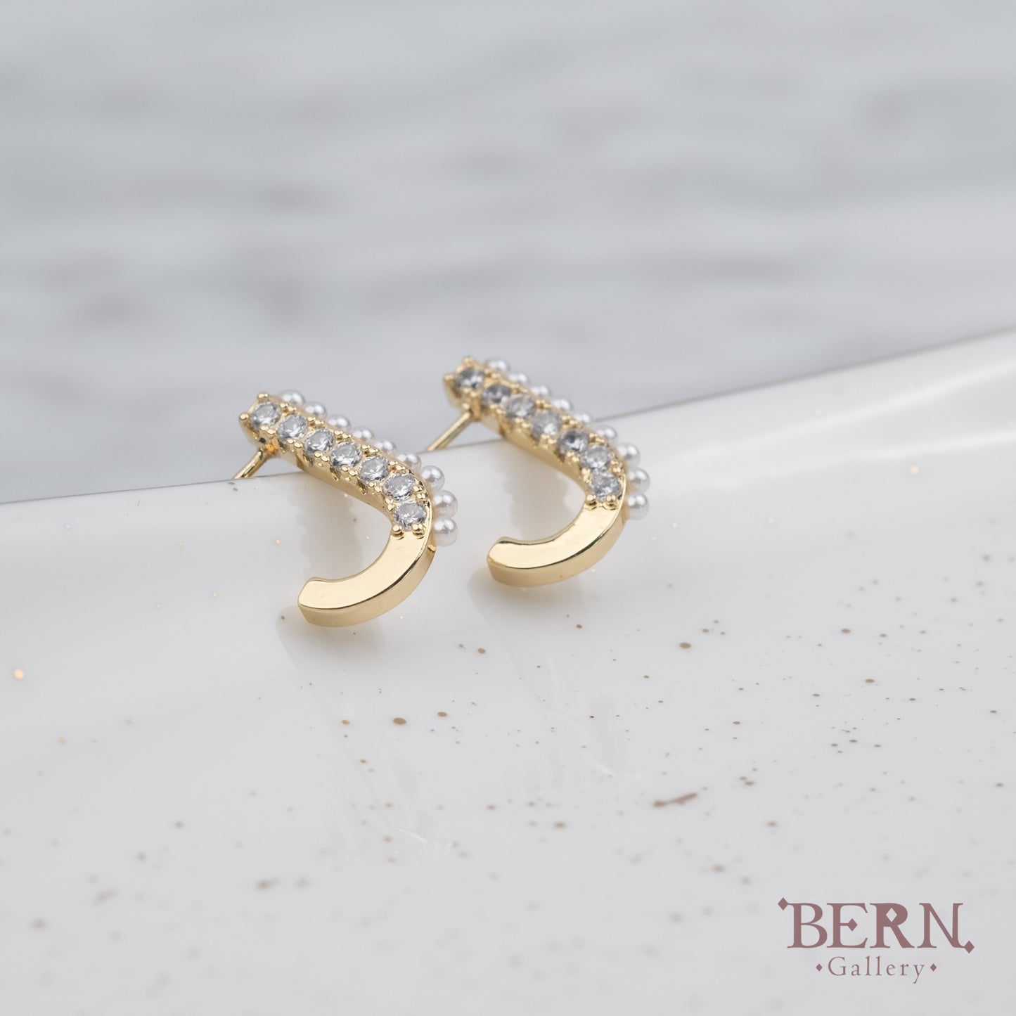 J Shape Shell Pearl Earrings with Cz
